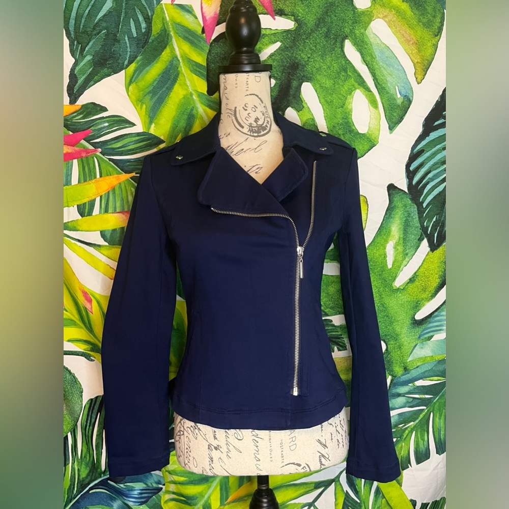 NWT White House Black Market 0 Blue Silver Zip Fall Winter Preppy Moto Jacket